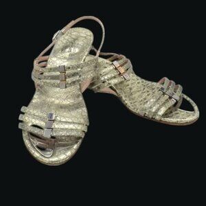Stuart Weitzman Gold Snake Skin Sling Back Wedge Sandals Leather Wide